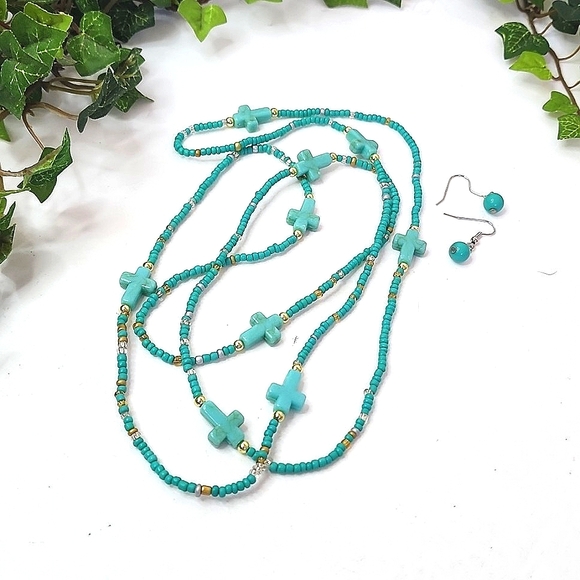 Turquoise Sead Bead Stretch Necklace with Cross Beads Matching Earrings - Picture 3 of 8